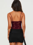 back view of model wearing Princess Polly Pennard Lace Bodysuit Wine Sleeveless 