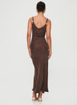 back view of model wearing Princess Polly Laurette Maxi Dress Brown Petite V-Neck 