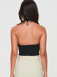 back view of model wearing Princess Polly Find You Halter Bodysuit Black Sleeveless 