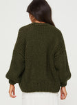 back view of model wearing Princess Polly Lester Knit Cardigan Olive Long 