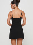 back view of model wearing Princess Polly Rousselet Mini Dress Black Square Neck 