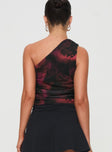 back view of model wearing Princess Polly Annem One Shoulder Top Black / Red Sleeveless Asymmetric Neckline 