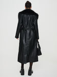 Faux leather longline coat Faux fur colour, twin hip pockets, button & belt fastening at waist Non-stretch material, fully lined 