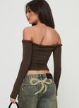 back view of model wearing Princess Polly Dusky Long Sleeve Top Khaki Full Sleeves straight 