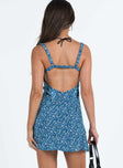 back view of model wearing Princess Polly Georgia Mini Dress Blue Floral Lower Impact Sweetheart Neckline 