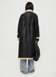 Longline coat Lapel collar, long sleeves, shearling cuffs & detail, single button fastening at cuff, twin hip pockets, double-breasted front 