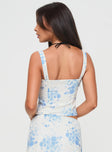 back view of model wearing Princess Polly Modern Girl Top White / Blue Sleeveless Square Neck 