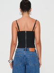 back view of model wearing Princess Polly Come Through Top Black Sleeveless Sweetheart 