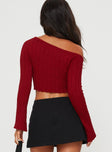 back view of model wearing Princess Polly Santorini Knit Top Red Full Sleeves Asymmetric Neckline 