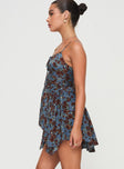 side view of model wearing Princess Polly Barrett Mini Dress Blue / Floral Square Neck 