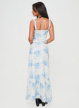 back view of model wearing Princess Polly Modern Girl Maxi Skirt White / Blue Floral Maxi 