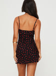 back view of model wearing Princess Polly Karena Mini Dress Black / Red Floral Plunger 