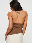 back view of model wearing Princess Polly Marvin Halter Top Brown Sleeveless V-Neck 