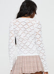 back view of model wearing Princess Polly Streep Crochet Top White Full Sleeves Crew Neck 