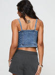 back view of model wearing Princess Polly Yappa Denim Top Mid Wash Sleeveless Square Neck 