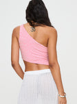 back view of model wearing Princess Polly Toomba One Shoulder Top Pink Sleeveless Asymmetric Neckline 