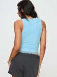 back view of model wearing Princess Polly Far Away Top Blue Sleeveless V-Neck 