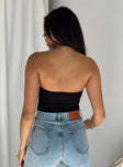 back view of model wearing Princess Polly Aston Strapless Bodysuit Black Sleeveless Sweetheart 