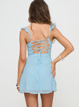 back view of model wearing Princess Polly Landon Mini Dress Blue Sweetheart Neckline 