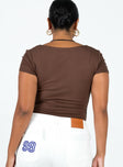 back view of model wearing Princess Polly Nolan Short Sleeve Bodysuit Brown Short Sleeves Scoop Neck 