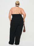 back view of model wearing Princess Polly Clouded Linen Blend Vest Top Black Curve Sleeveless Plunger 