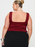 back view of model wearing Princess Polly Rehna Top Burgundy Curve Sleeveless Sweetheart 