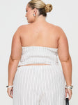 back view of model wearing Princess Polly Freddle Strapless Top White Stripe Curve Sleeveless Sweetheart 