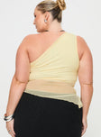 back view of model wearing Princess Polly Gilda Asymmetric Top Cream Curve Sleeveless Asymmetric Neckline 