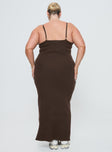 back view of model wearing Princess Polly Kattan Maxi Dress Chocolate Curve Scoop Neck 