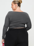 back view of model wearing Princess Polly Moylan Long Sleeve Top Grey Curve Full Sleeves V-Neck 