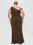 back view of model wearing Princess Polly Rios One Shoulder Maxi Dress Brown Curve Asymmetric Neckline 