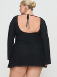 back view of model wearing Princess Polly Lukea Long Sleeve Mini Dress Black Curve Boat Neck 