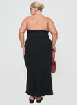 back view of model wearing Princess Polly Ermias Linen Blend Midi Skirt Black Curve Maxi 