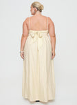 back view of model wearing Princess Polly Slow Dance Linen Blend Maxi Dress Cream / Blue Curve Straight Neck 