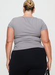 back view of model wearing Princess Polly Serenie Top Grey Curve Short Sleeves V-Neck 