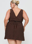 back view of model wearing Princess Polly Nellie Mini Dress Brown Polka Dot Curve Plunger 