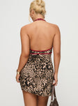 back view of model wearing Princess Polly Arzelie Bias Halter Mini Dress Leopard Plunger 