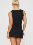 back view of model wearing Princess Polly Karreey Mini Dress Black Crew Neck 