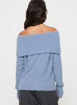 back view of model wearing Princess Polly Parkley Boucle Off The Shoulder Sweater Blue Long 