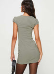 back view of model wearing Princess Polly Gaskin Cap Sleeve Mini Dress Slate Square Neck 