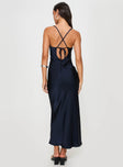 back view of model wearing Princess Polly Treasure Bias Cut Maxi Dress Navy Plunger 