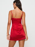 back view of model wearing Princess Polly Ambre Mini Dress Red Plunger 