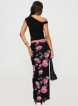 back view of model wearing Princess Polly Modalla Maxi Skirt Black Floral Maxi 