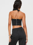 back view of model wearing Princess Polly Kimia Top Black / White Pinstripe Sleeveless Sweetheart 