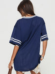 back view of model wearing Princess Polly Michail Jersey Dress Navy V-Neck 