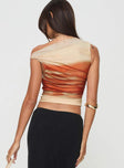 back view of model wearing Princess Polly Sweet Emotion Top Brown Multi Sleeveless Asymmetric Neckline 