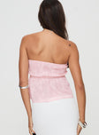 back view of model wearing Princess Polly Rosenberg Strapless Top Pink Sleeveless Sweetheart 