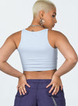 side view of model wearing Princess Polly Kali Tank Top Blue 