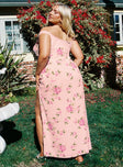 back view of model wearing Princess Polly Emmeline Off The Shoulder Maxi Dress Pink Floral Curve Sweetheart Neckline 