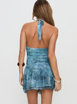 back view of model wearing Princess Polly Payge Asymmetrical Mini Dress Blue Multi Plunger 